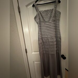 Silver Gray Strapless Evening Gown - Elegant Layered Design